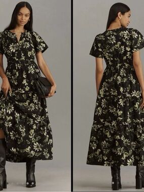 Anthropologie The Somerset Maxi Dress Floral Print Tiered Black Green XSP Summer